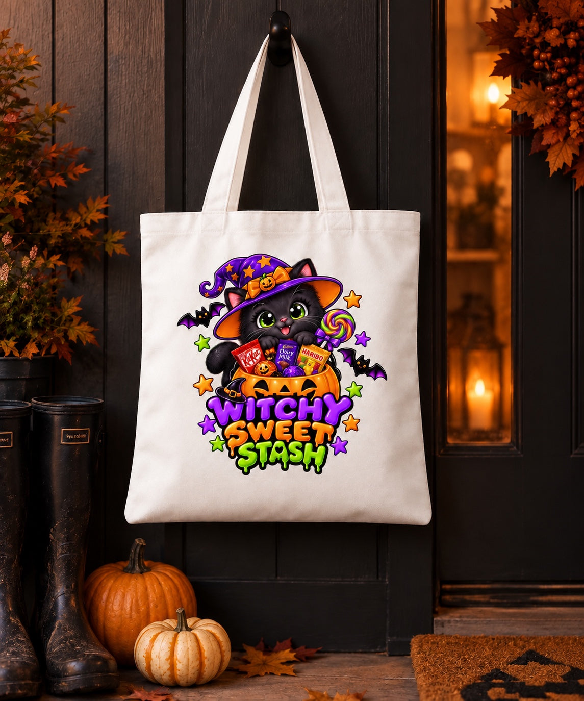 Halloween trick or treat bag hanging by a front door with pumpkins