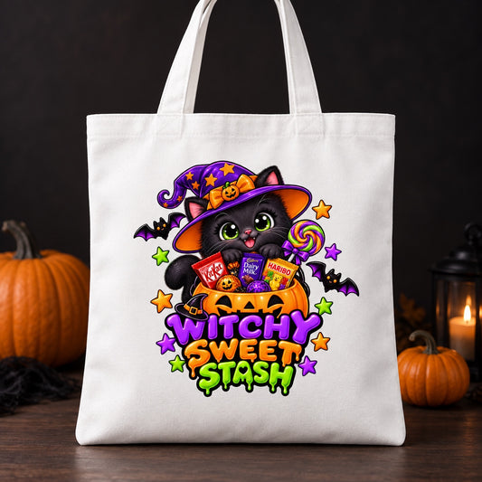 Witchy Sweet Stash Halloween trick or treat bag on white canvas tote