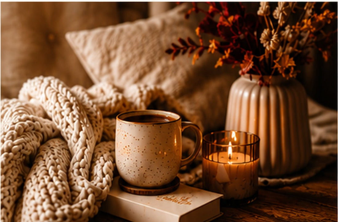 Cosy autumn mug, chunky knit blanket and candle in warm cream and burgundy tones