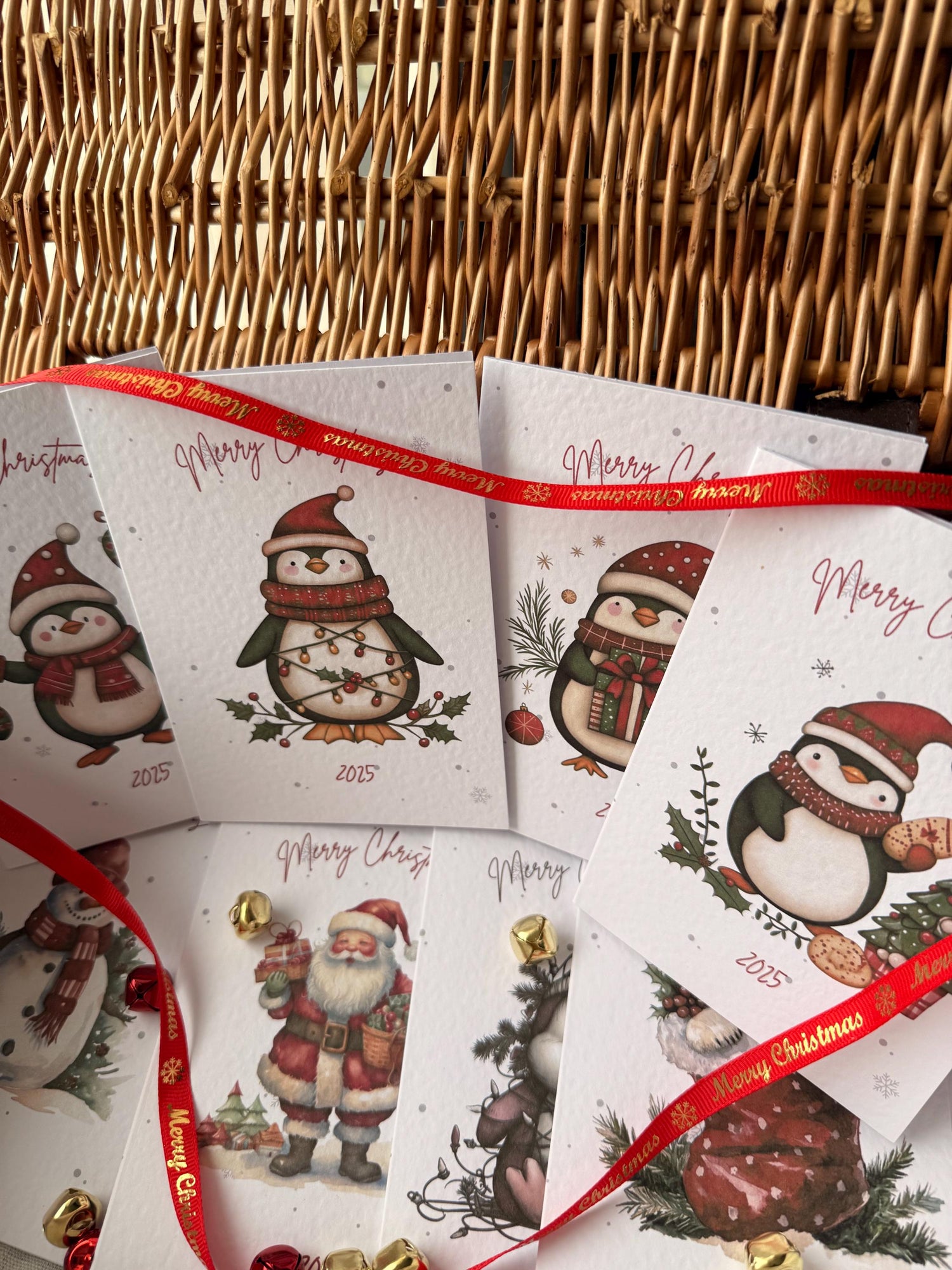 Wicker basket holding 8 traditional christmas card designs
