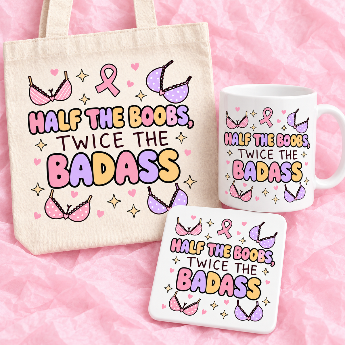 Matching breast cancer awareness gift set with 11oz mug, square ceramic coaster and tote bag on pink tissue paper.
