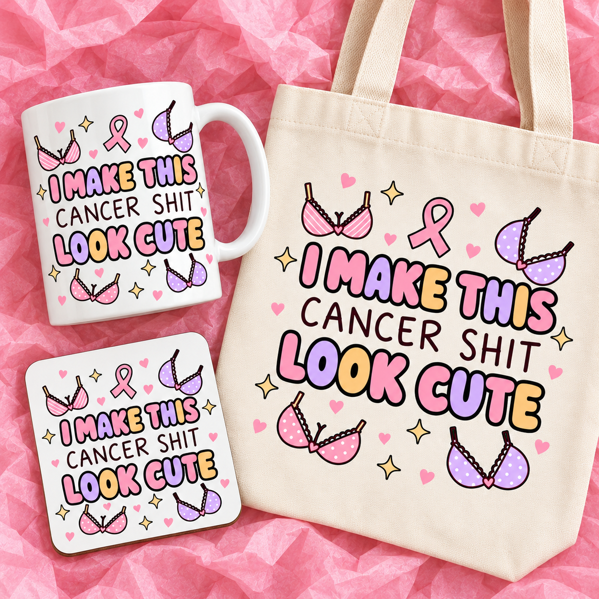 Matching breast cancer awareness gift set with 11oz mug, square ceramic coaster and tote bag on pink tissue paper.