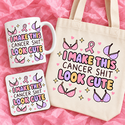 Matching breast cancer awareness gift set with 11oz mug, square ceramic coaster and tote bag on pink tissue paper.