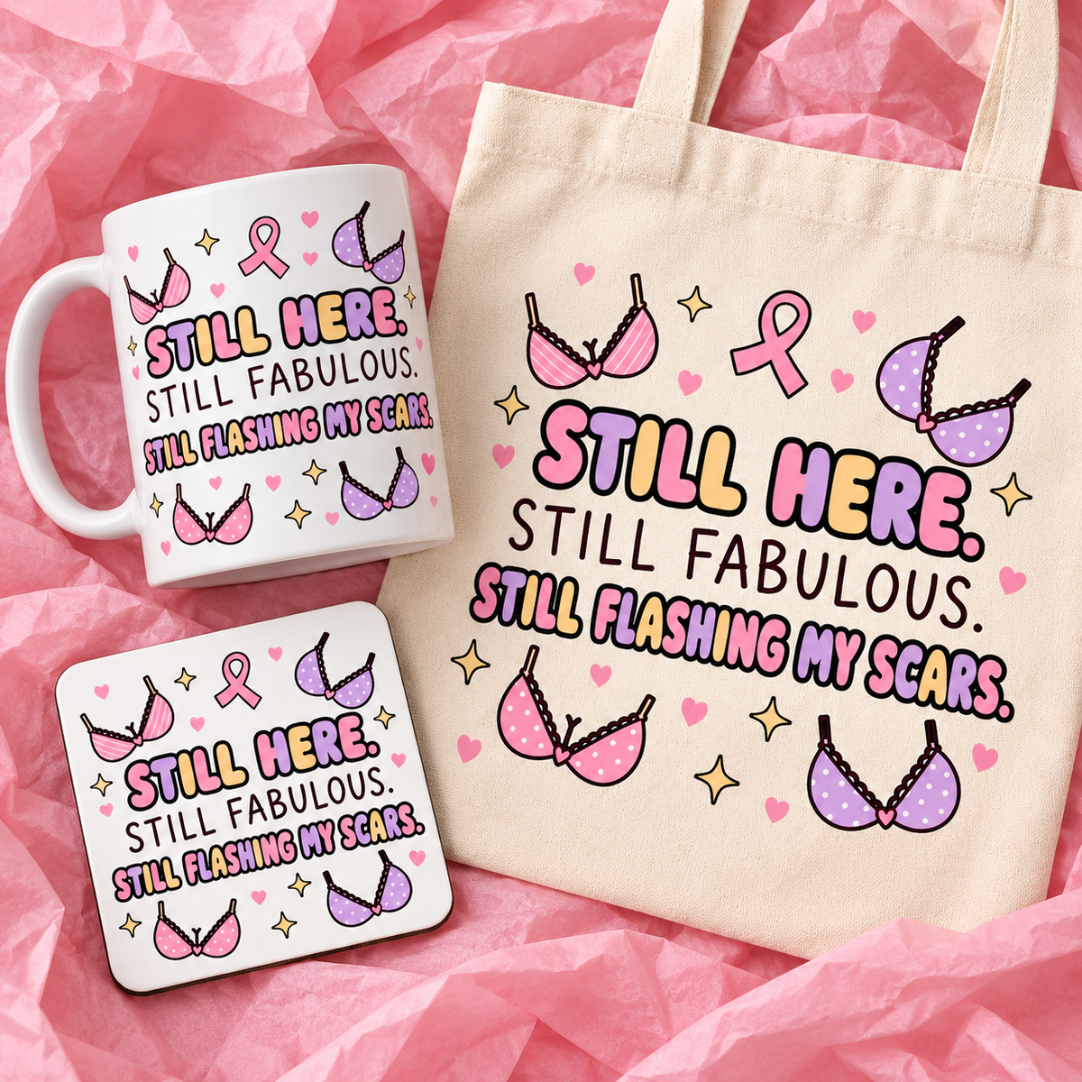 Matching breast cancer awareness gift set with 11oz mug, square ceramic coaster and tote bag on pink tissue paper.