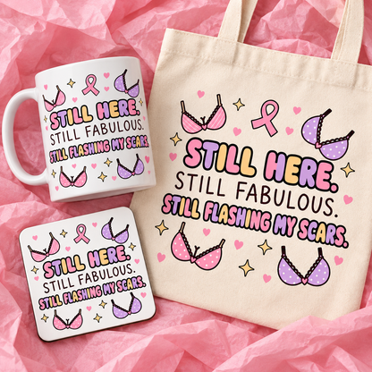 Matching breast cancer awareness gift set with 11oz mug, square ceramic coaster and tote bag on pink tissue paper.