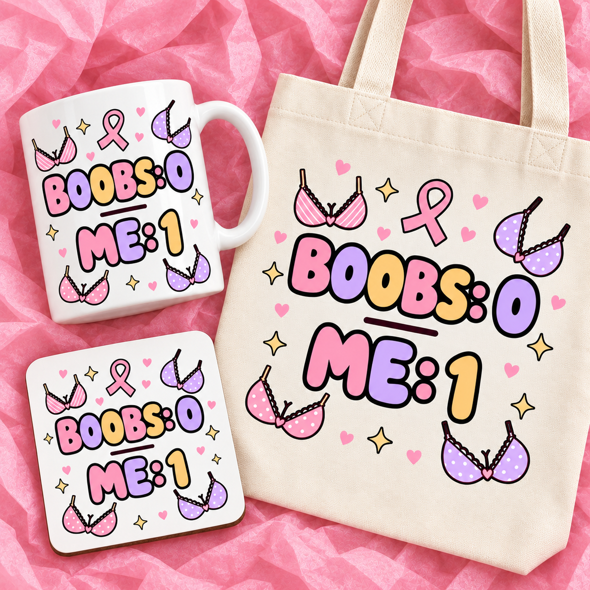 Matching breast cancer awareness gift set with 11oz mug, square ceramic coaster and tote bag on pink tissue paper.