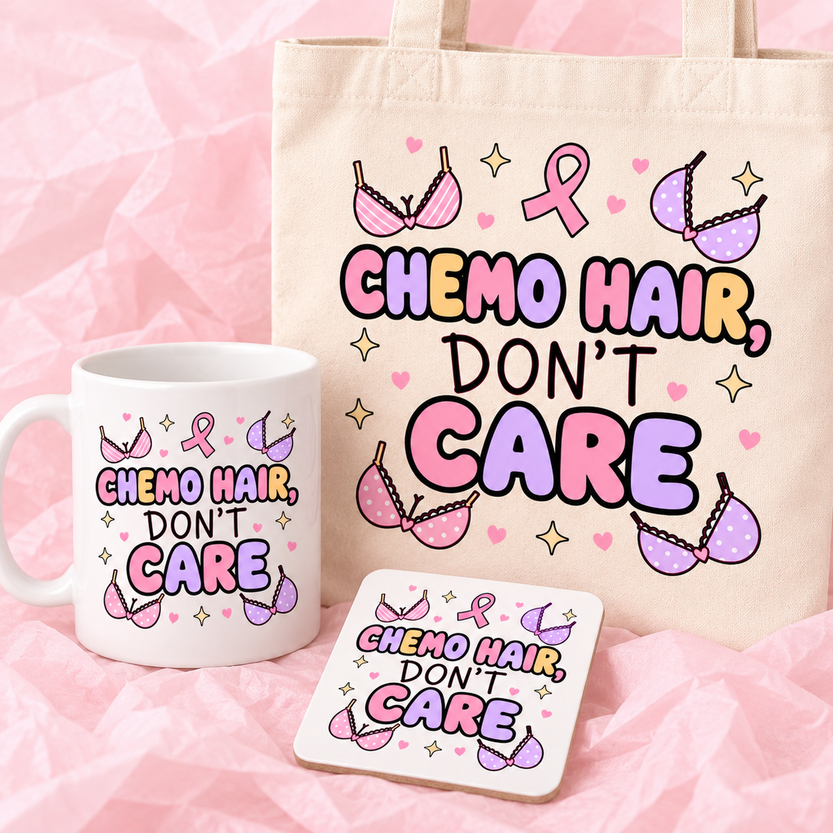 Matching breast cancer awareness gift set with 11oz mug, square ceramic coaster and tote bag on pink tissue paper.