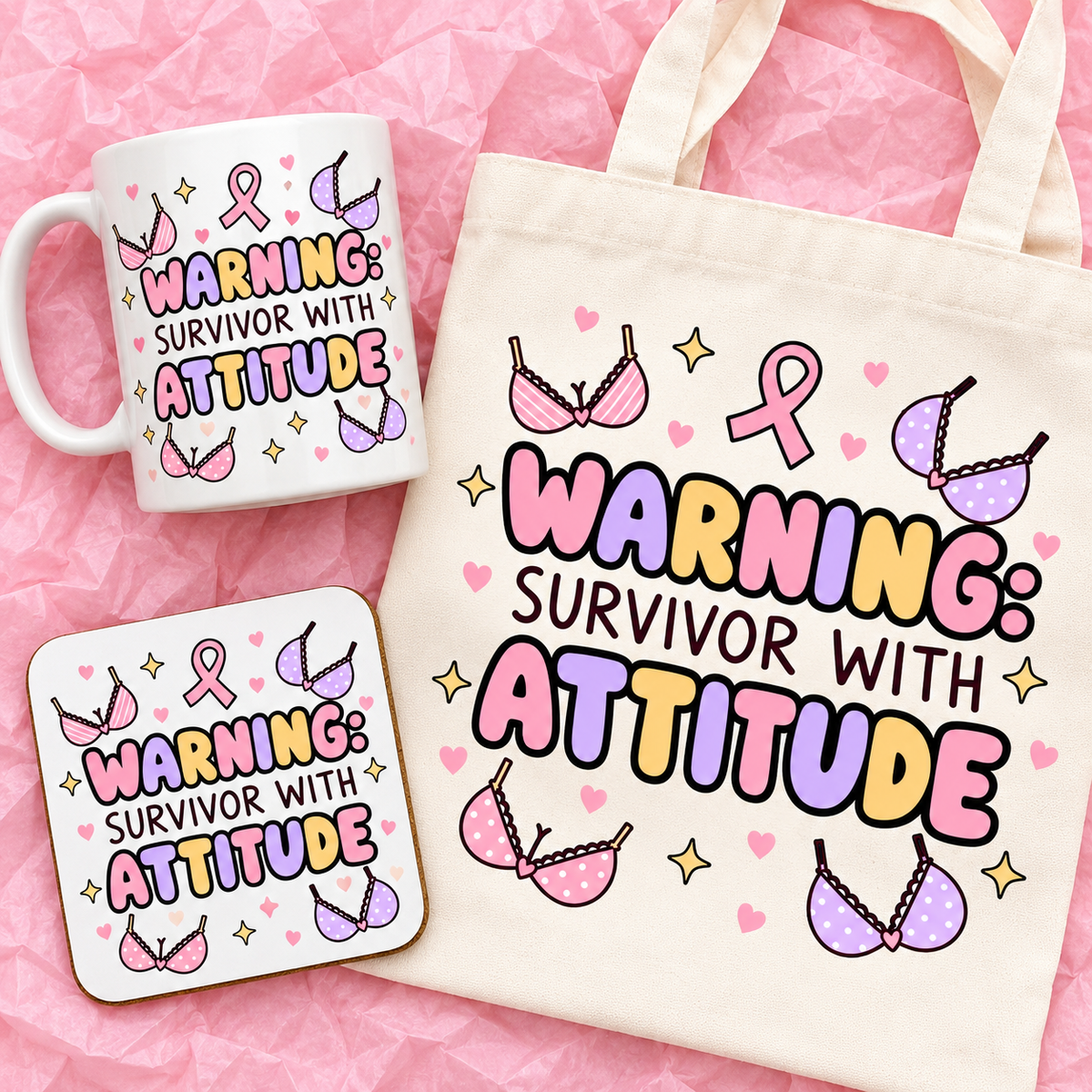 Matching breast cancer awareness gift set with 11oz mug, square ceramic coaster and tote bag on pink tissue paper.