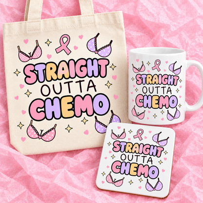 Matching breast cancer awareness gift set with 11oz mug, square ceramic coaster and tote bag on pink tissue paper.
