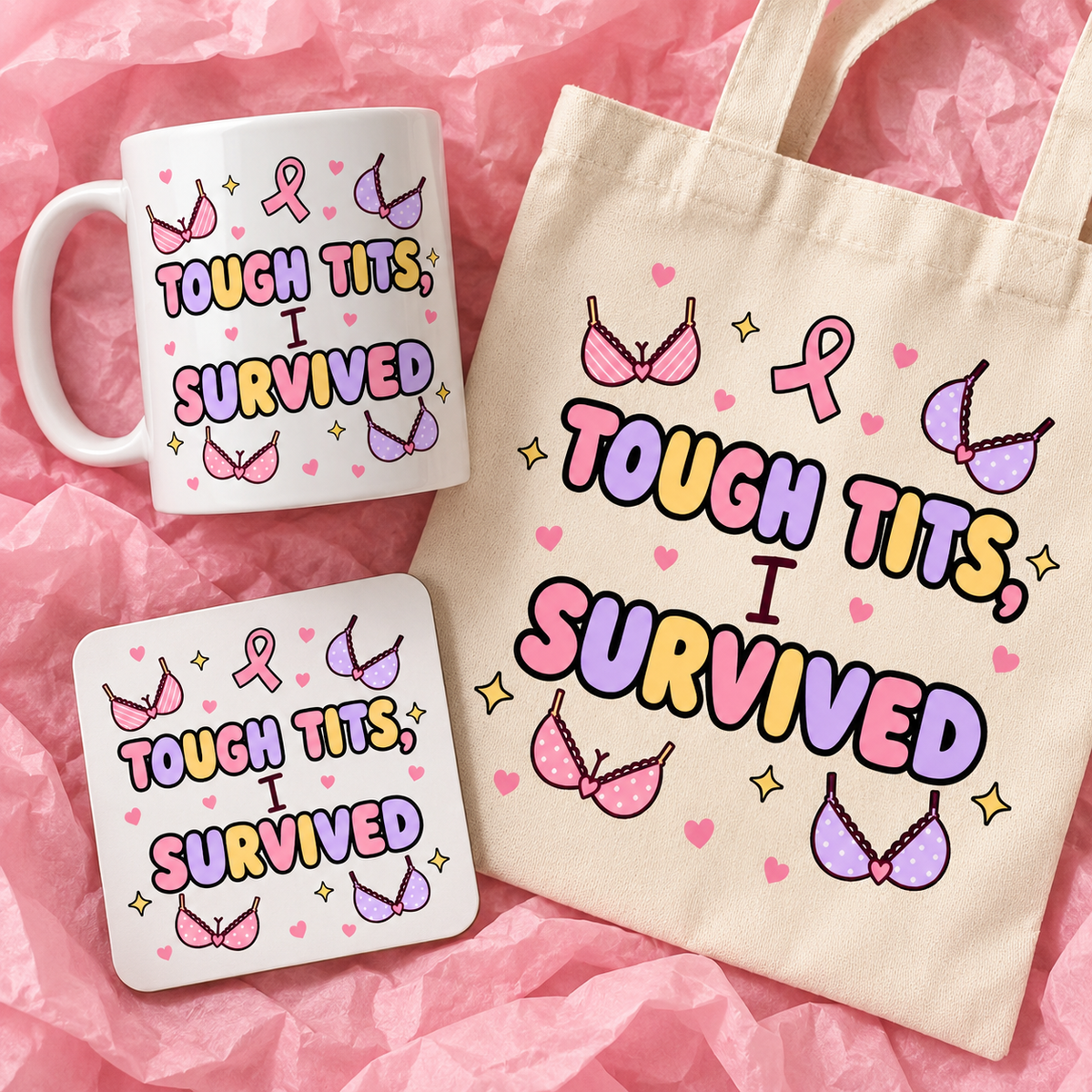 Matching breast cancer awareness gift set with 11oz mug, square ceramic coaster and tote bag on pink tissue paper.