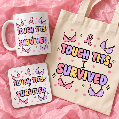 Matching breast cancer awareness gift set with 11oz mug, square ceramic coaster and tote bag on pink tissue paper.