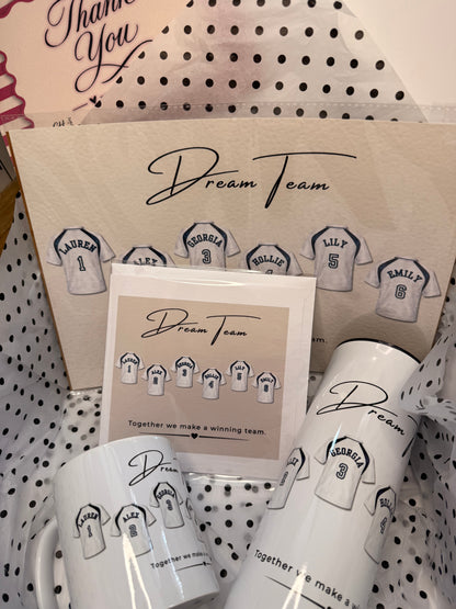 20 oz tumbler main colour white, 11 oz white mug, 6x6 greeting card with a linen effect, a4 print on hammered cardstock- featuring the dream team design bundle personalised football shirts 