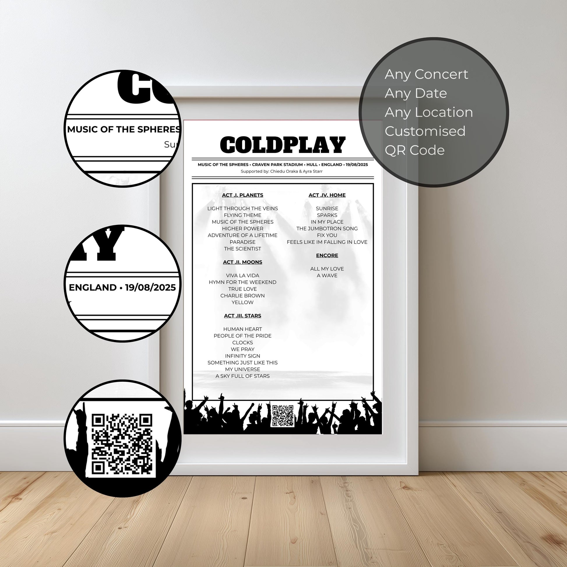 Personalised Concert Setlist Print | Custom Gig Poster | Music Gift | QR Code Song Playlist | A4 A3 Matte or Gloss | Any Event Wall Art