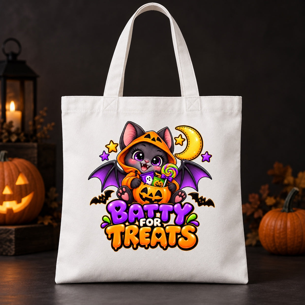 Batty for Treats Halloween trick or treat bag on white canvas tote