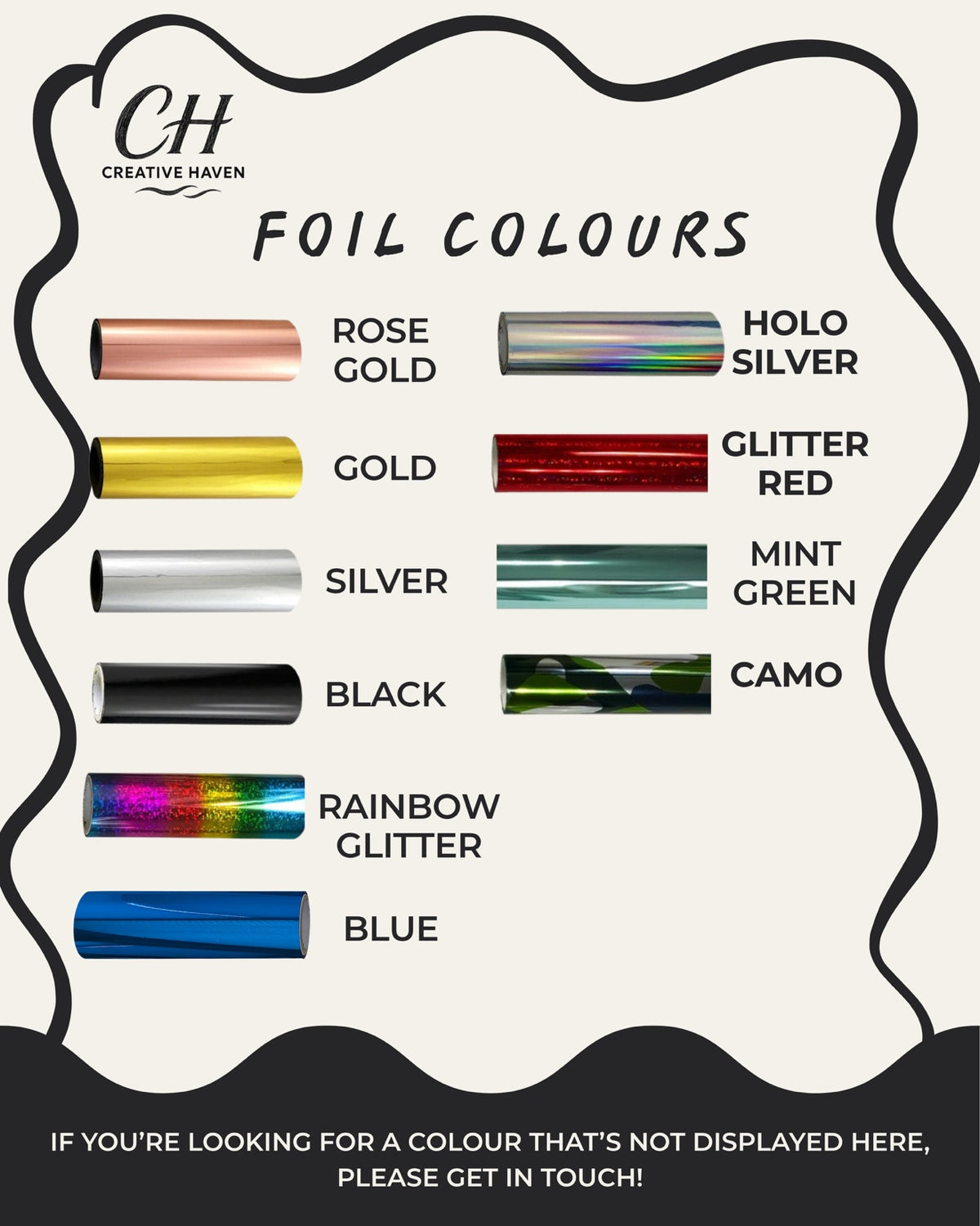 Creative Haven foil colour menu showing available foil choices