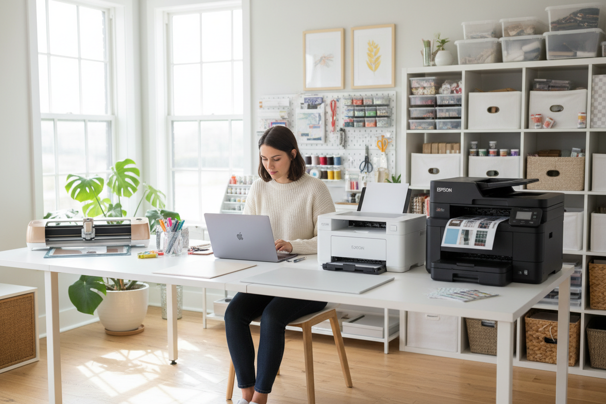 Girl working in a craft studio with a mac book, 2 epson printers, cricut machine