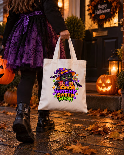 Child holding Halloween trick or treat bag while trick or treating in the UK