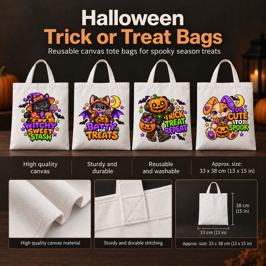 Halloween trick or treat bags reusable canvas tote bag designs and size information