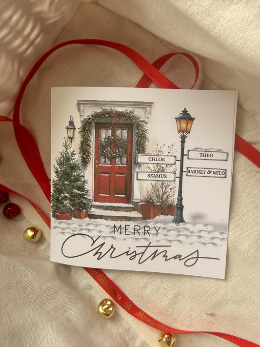 Custom Family Signpost Christmas Card - Personalised Names - 6x6 Linen Texture - Cosy Xmas Door Scene - Includes Envelope