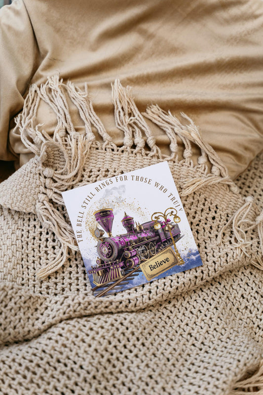 Linen Christmas Train Card – Vintage Polar Express Style, Handmade UK