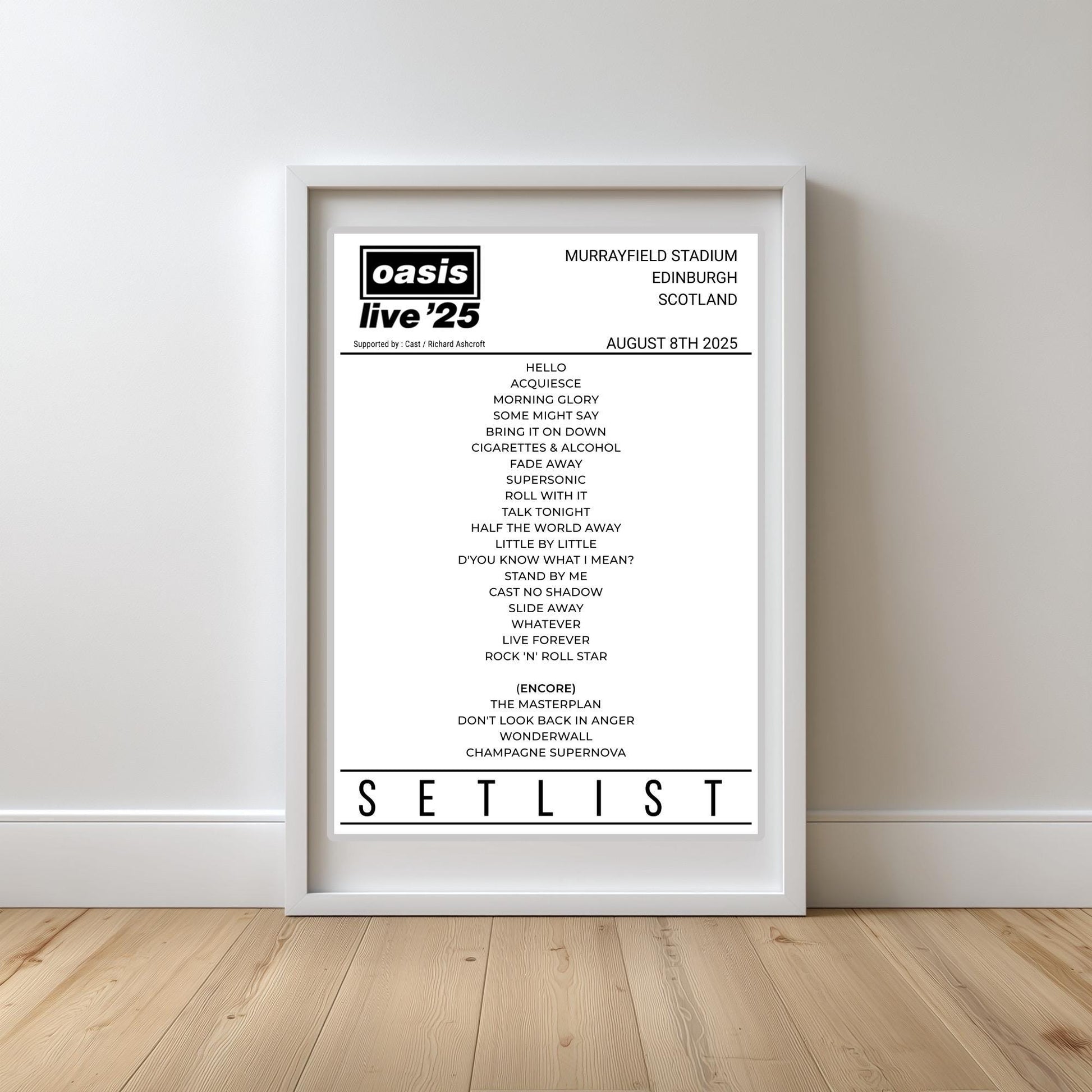 Oasis Set List - Oasis Live 25 - Heaton Park Murrayfield Wembley Croke Park Principality - NONE Framed Wall Art Print