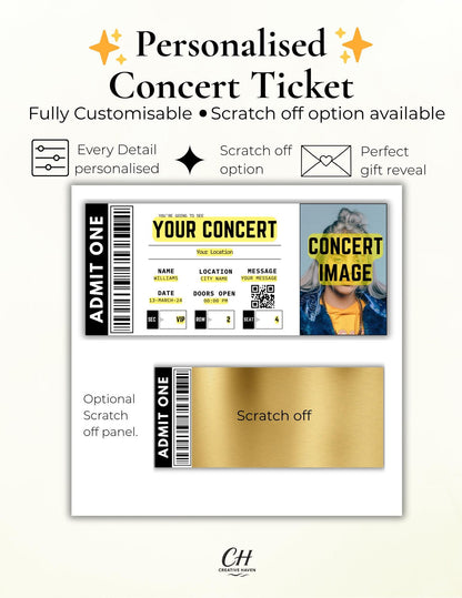 Personalised Concert Ticket - Custom Gift - Surprise Reveal - Scratch off option
