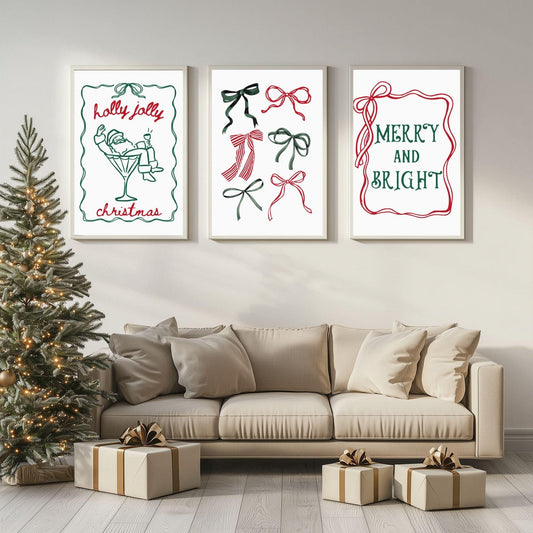 Christmas Bow Wall Art Set-Holly Jolly, Bows, Merry&Bright-Modern Xmas Prints-A3 to A6-Neutural decor-Festive Wall Prints