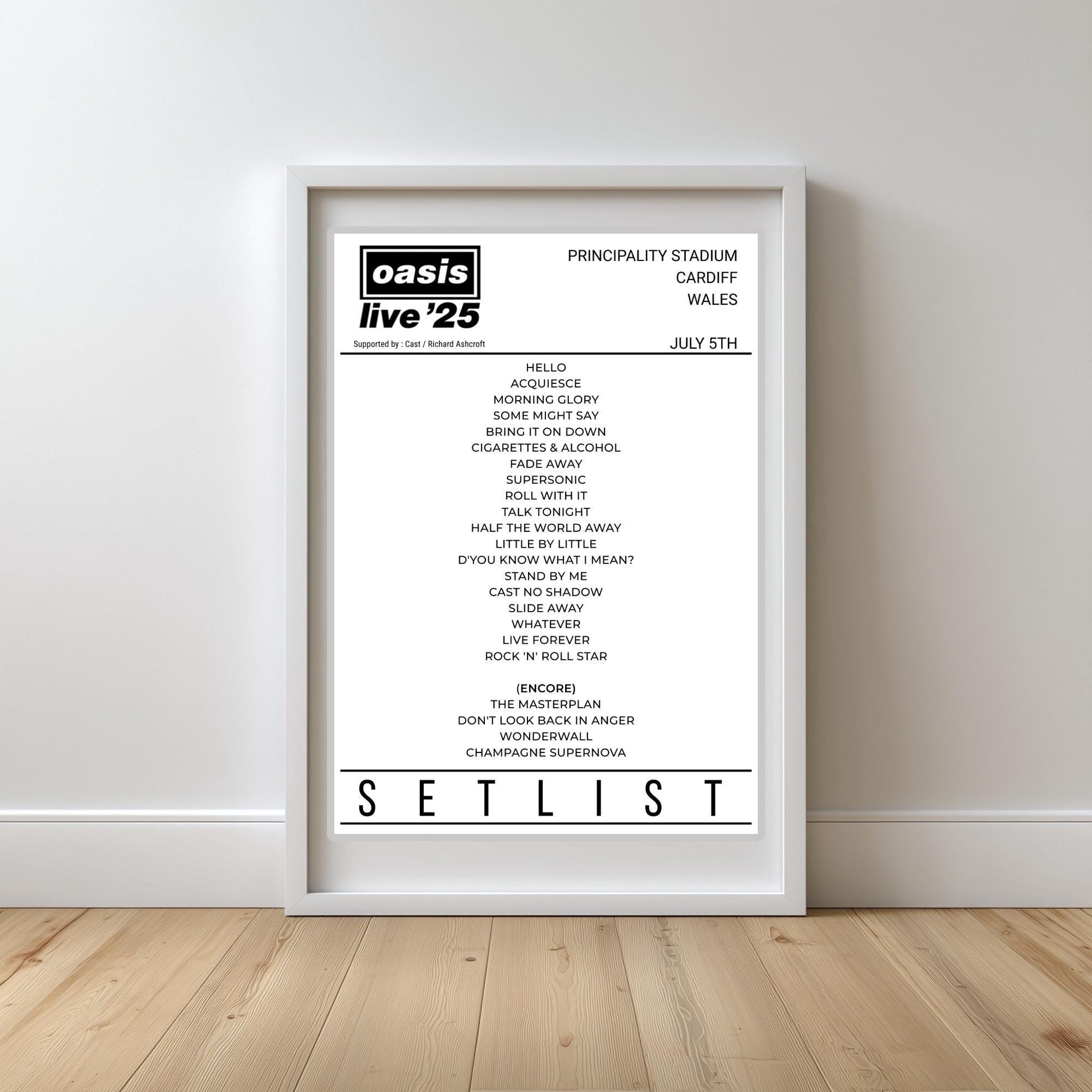 Oasis Set List - Oasis Live 25 - Heaton Park Murrayfield Wembley Croke Park Principality - NONE Framed Wall Art Print