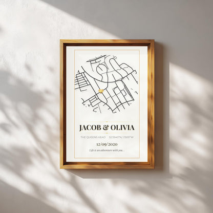 Luxury Gold Custom Map Print-Where We Met Print-Personalized Map Poster-Engagement Gift-Anniversary Gift-Couples Print