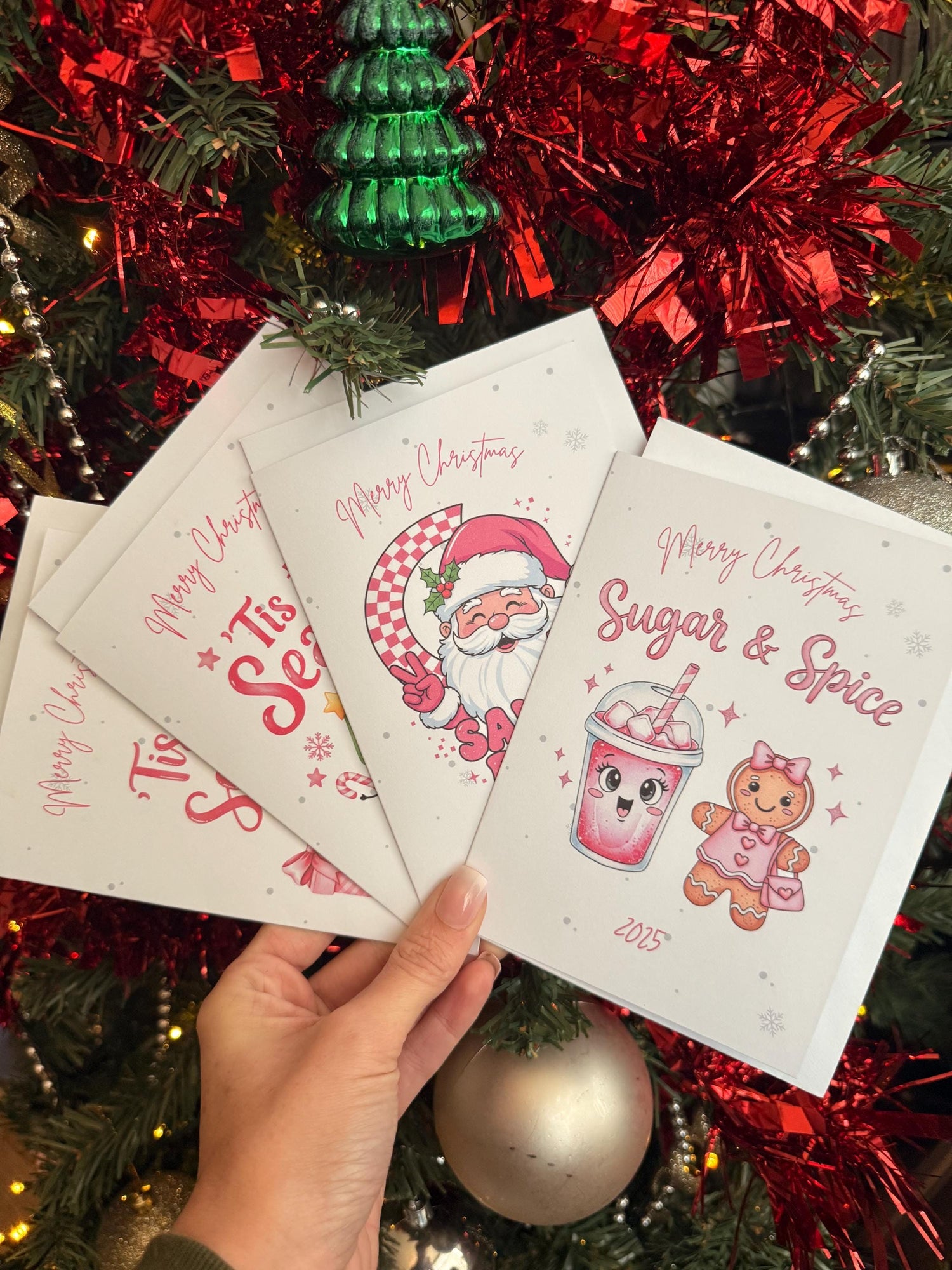 Cute Pink Christmas Cards Set – Sugar & Spice, Santa Baby, ’Tis the Season – 4, 8 or 12 Pack | Cute Kawaii Christmas Cards | 2025 Festive