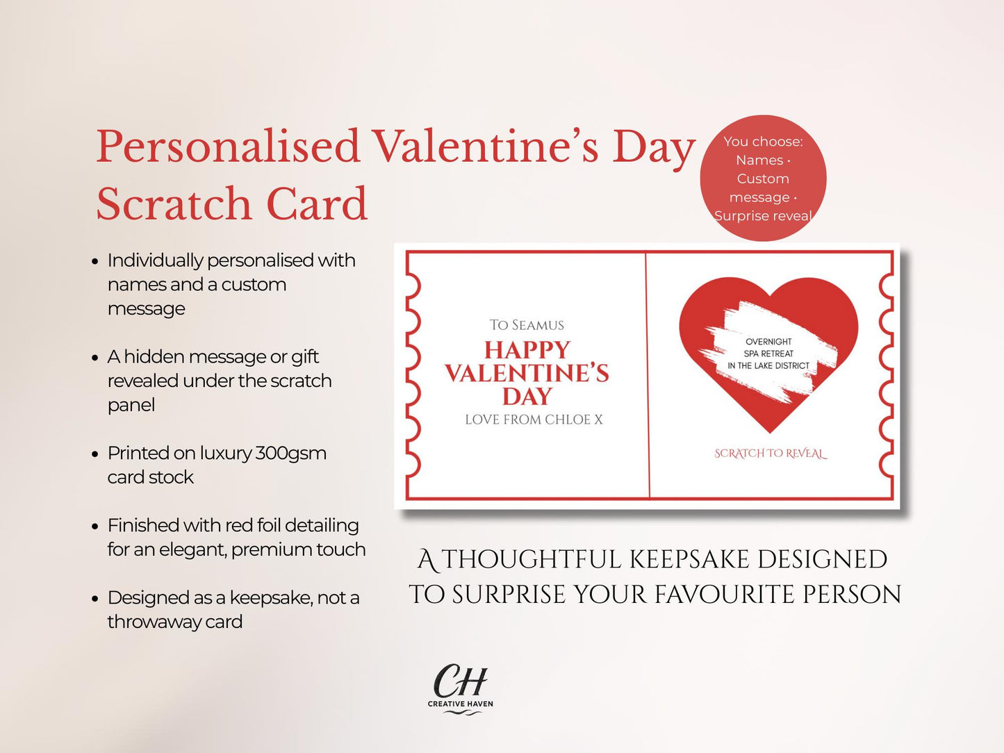Personalised Valentine’s Day Scratch Card | Custom Romantic Gift | Scratch to Reveal Surprise | Luxury 300gsm Card | Valentine Keepsake