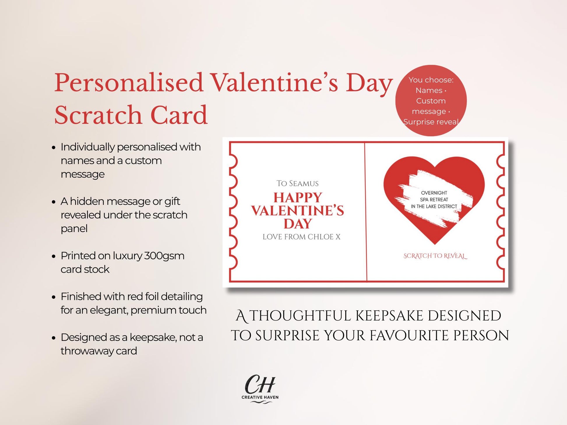 Personalised Valentine’s Day Scratch Card | Custom Romantic Gift | Scratch to Reveal Surprise | Luxury 300gsm Card | Valentine Keepsake