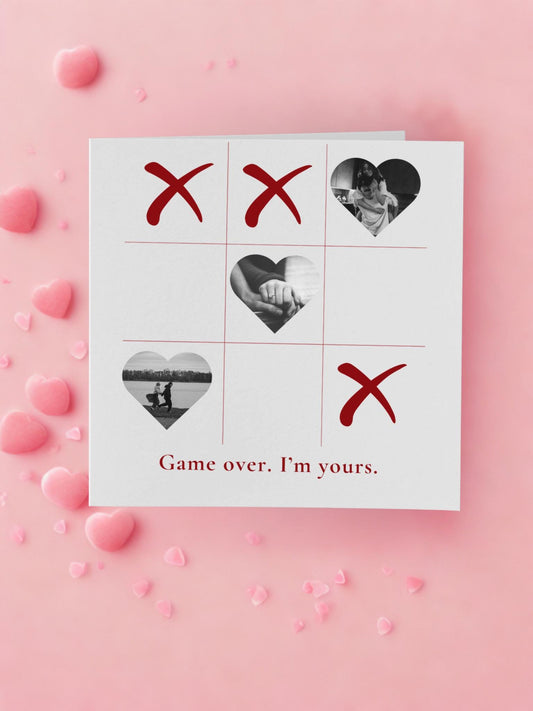 Personalised | Game Over I’m Yours Card | Romantic Photo Card | 6x6 Linen Anniversary Card | Valentine’s Day Card for Partner