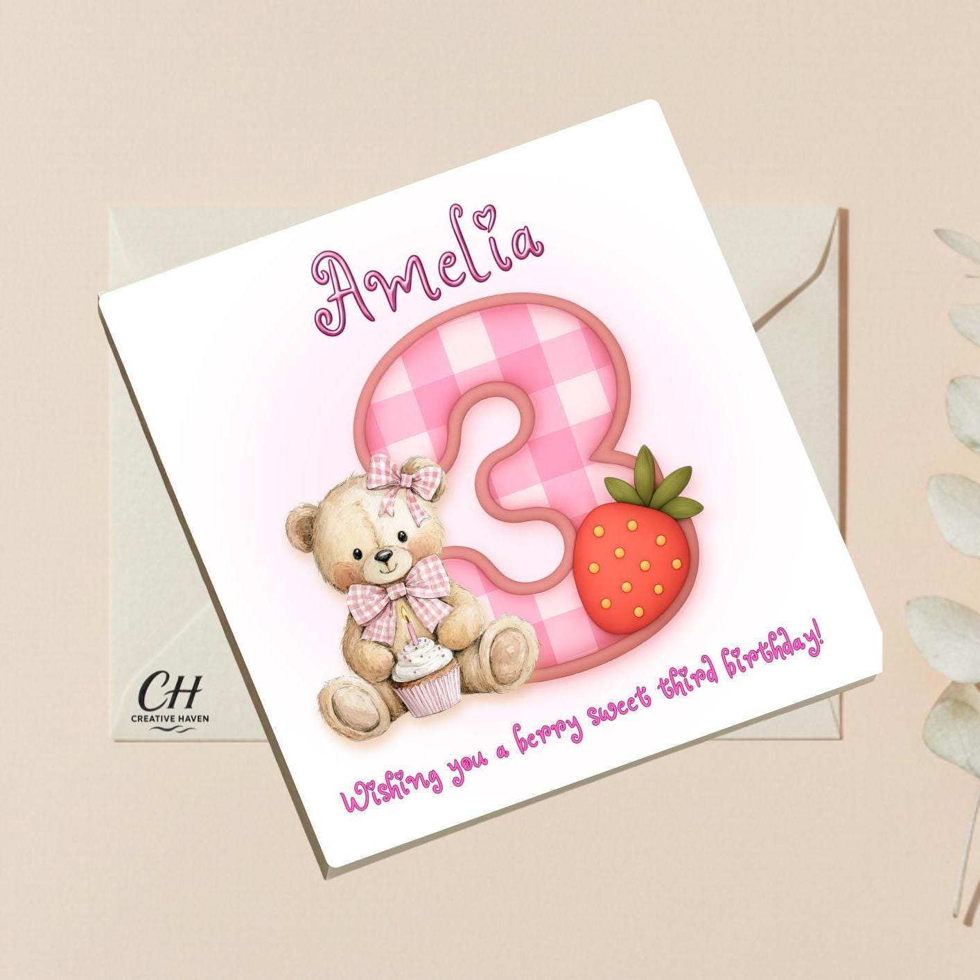 Personalized Berry Sweet Birthday Card-Custom Nam Any Age Card-Cute Strawberry Bear Birthday Card for Kids, Children - Premium Quality
