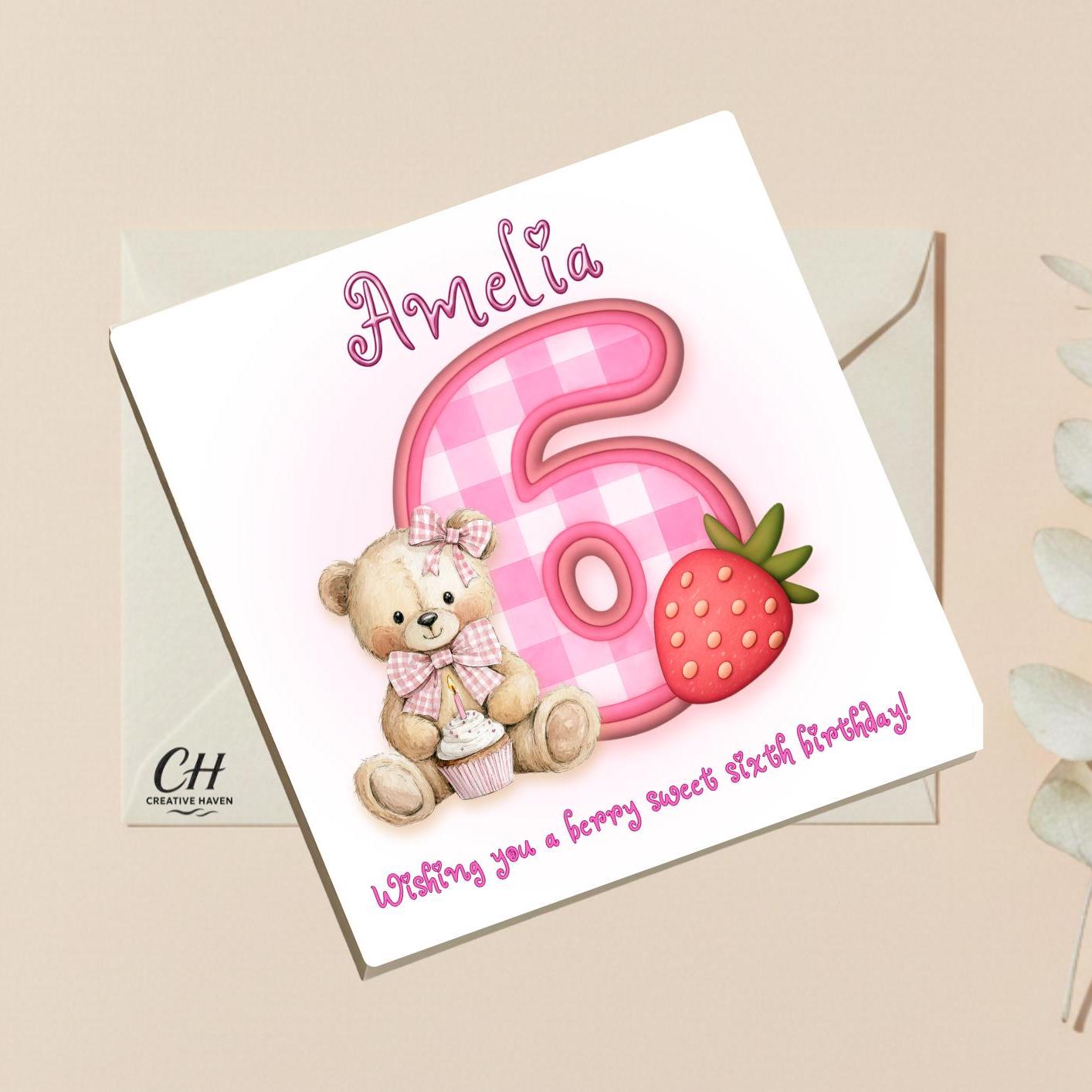 Personalized Berry Sweet Birthday Card-Custom Nam Any Age Card-Cute Strawberry Bear Birthday Card for Kids, Children - Premium Quality