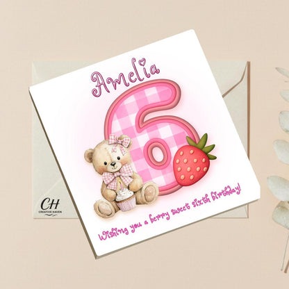 Personalized Berry Sweet Birthday Card-Custom Nam Any Age Card-Cute Strawberry Bear Birthday Card for Kids, Children - Premium Quality
