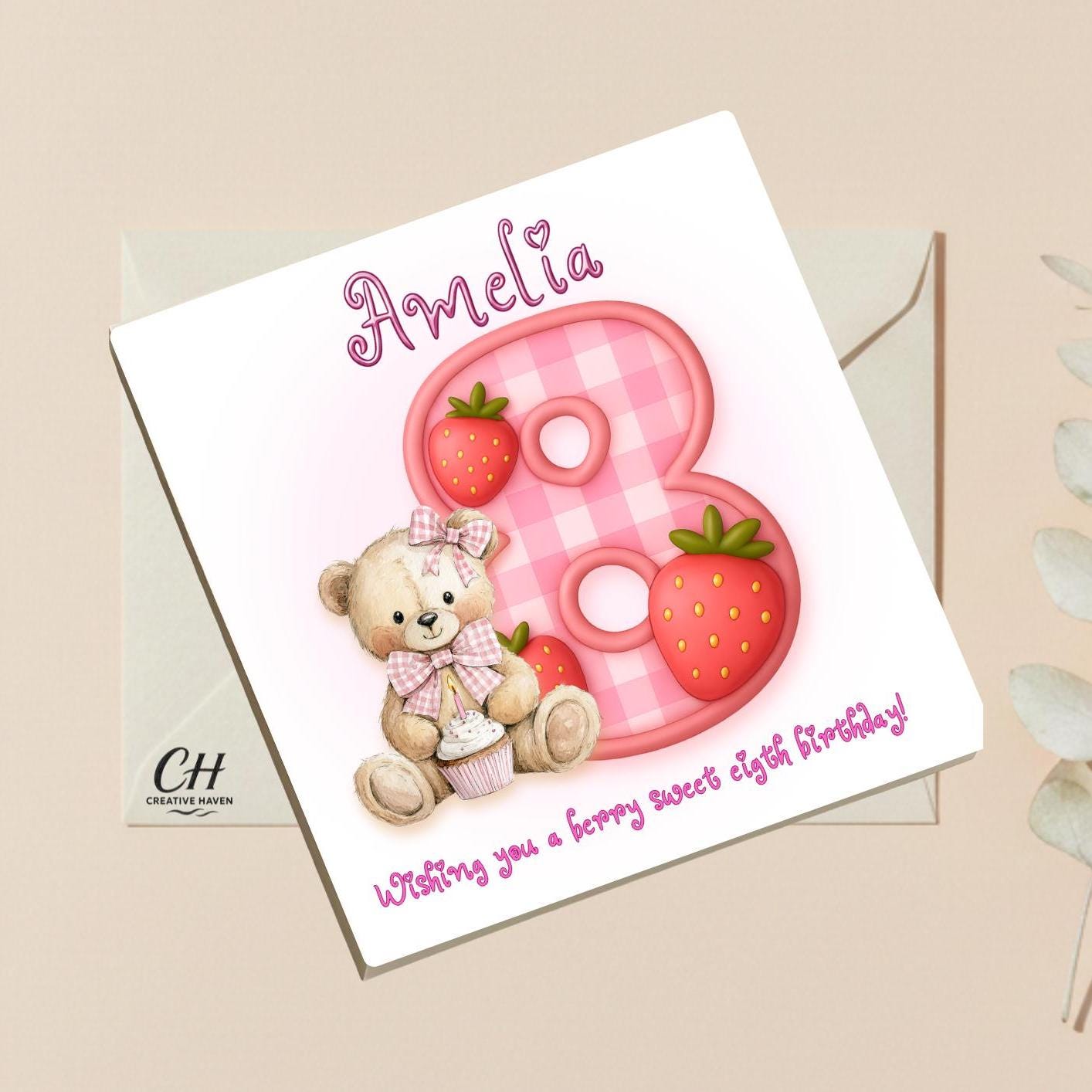 Personalized Berry Sweet Birthday Card-Custom Nam Any Age Card-Cute Strawberry Bear Birthday Card for Kids, Children - Premium Quality