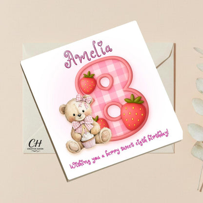Personalized Berry Sweet Birthday Card-Custom Nam Any Age Card-Cute Strawberry Bear Birthday Card for Kids, Children - Premium Quality