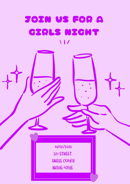 Girls Night Party Invititations, Personalised Invites