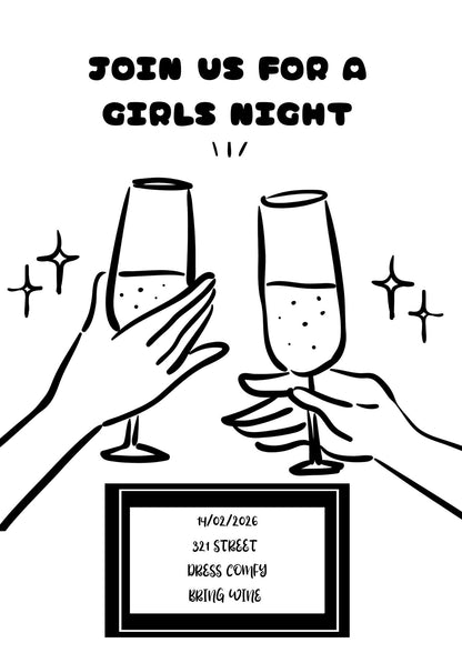 Girls Night Party Invititations, Personalised Invites