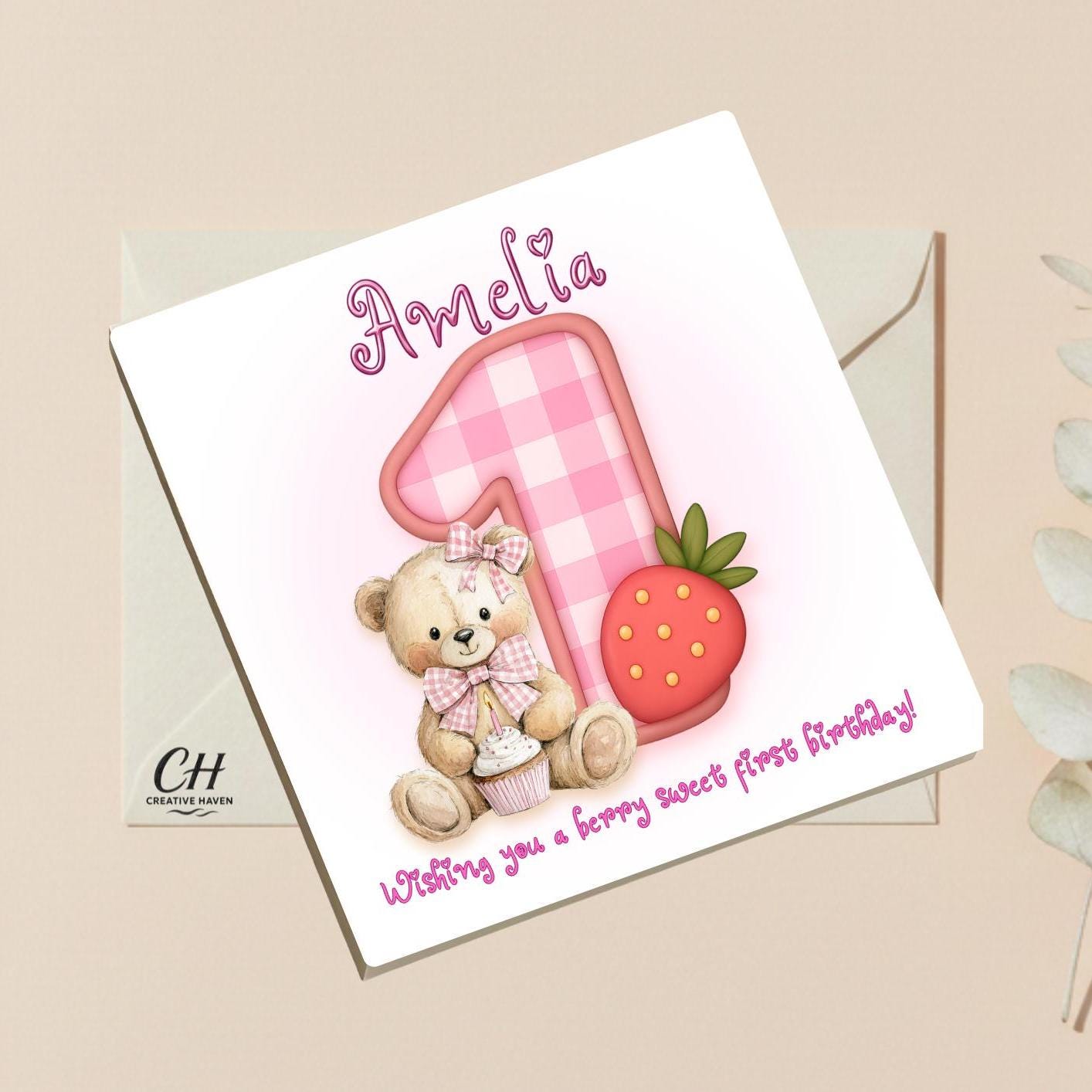 Personalized Berry Sweet Birthday Card-Custom Nam Any Age Card-Cute Strawberry Bear Birthday Card for Kids, Children - Premium Quality