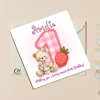 Personalized Berry Sweet Birthday Card-Custom Nam Any Age Card-Cute Strawberry Bear Birthday Card for Kids, Children - Premium Quality