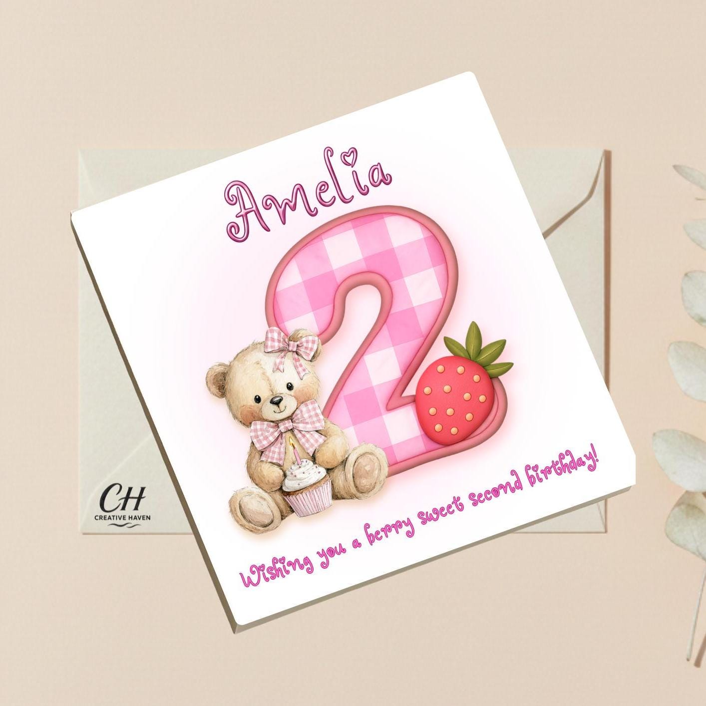 Personalized Berry Sweet Birthday Card-Custom Nam Any Age Card-Cute Strawberry Bear Birthday Card for Kids, Children - Premium Quality