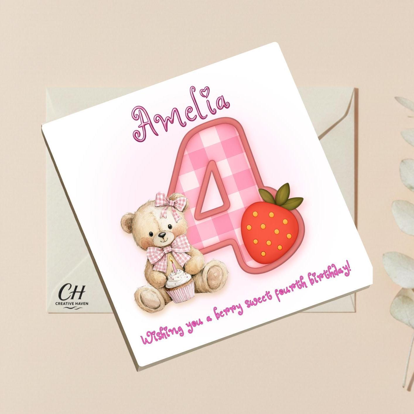 Personalized Berry Sweet Birthday Card-Custom Nam Any Age Card-Cute Strawberry Bear Birthday Card for Kids, Children - Premium Quality