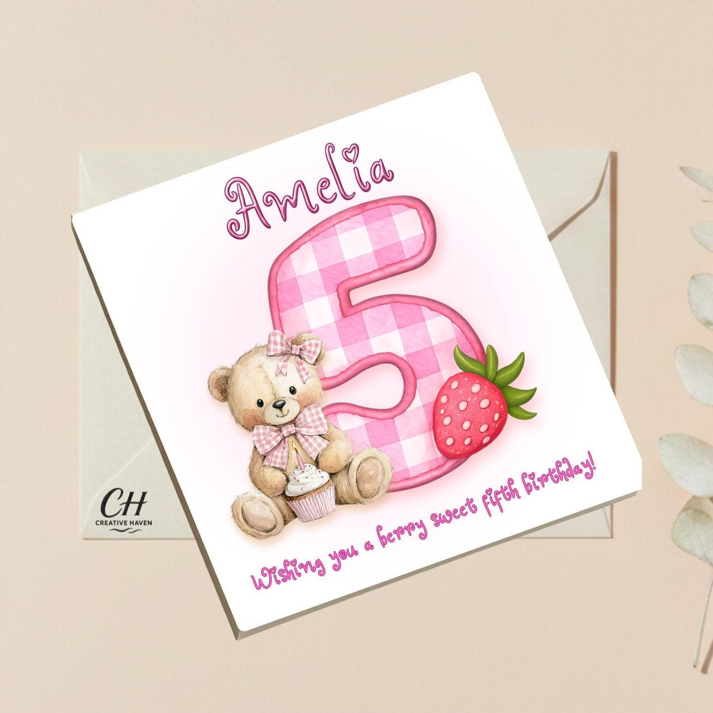 Personalized Berry Sweet Birthday Card-Custom Nam Any Age Card-Cute Strawberry Bear Birthday Card for Kids, Children - Premium Quality