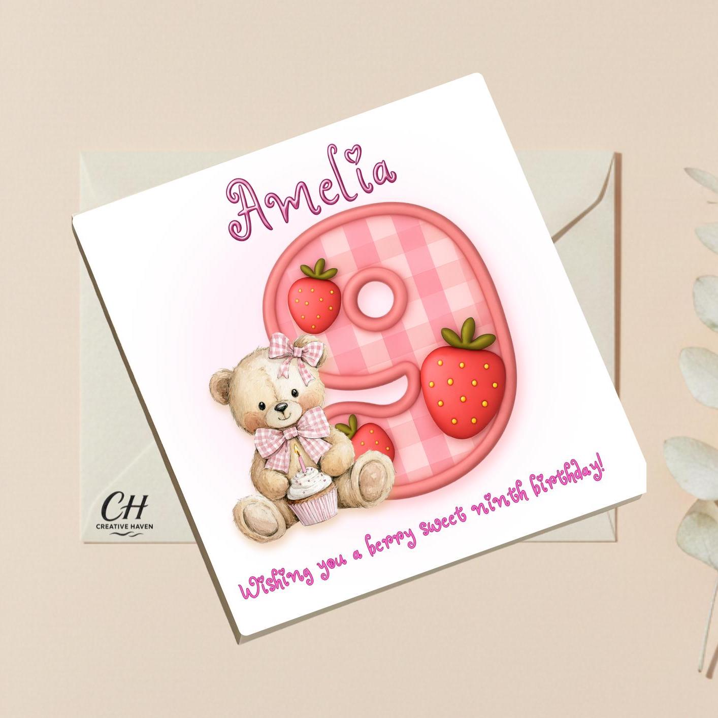 Personalized Berry Sweet Birthday Card-Custom Nam Any Age Card-Cute Strawberry Bear Birthday Card for Kids, Children - Premium Quality
