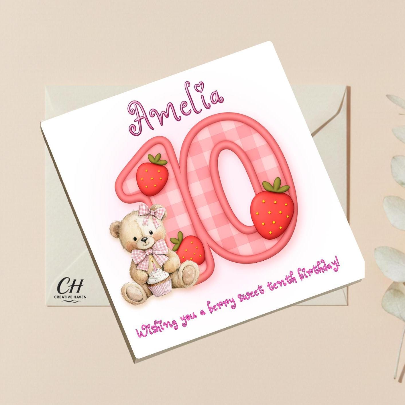 Personalized Berry Sweet Birthday Card-Custom Nam Any Age Card-Cute Strawberry Bear Birthday Card for Kids, Children - Premium Quality