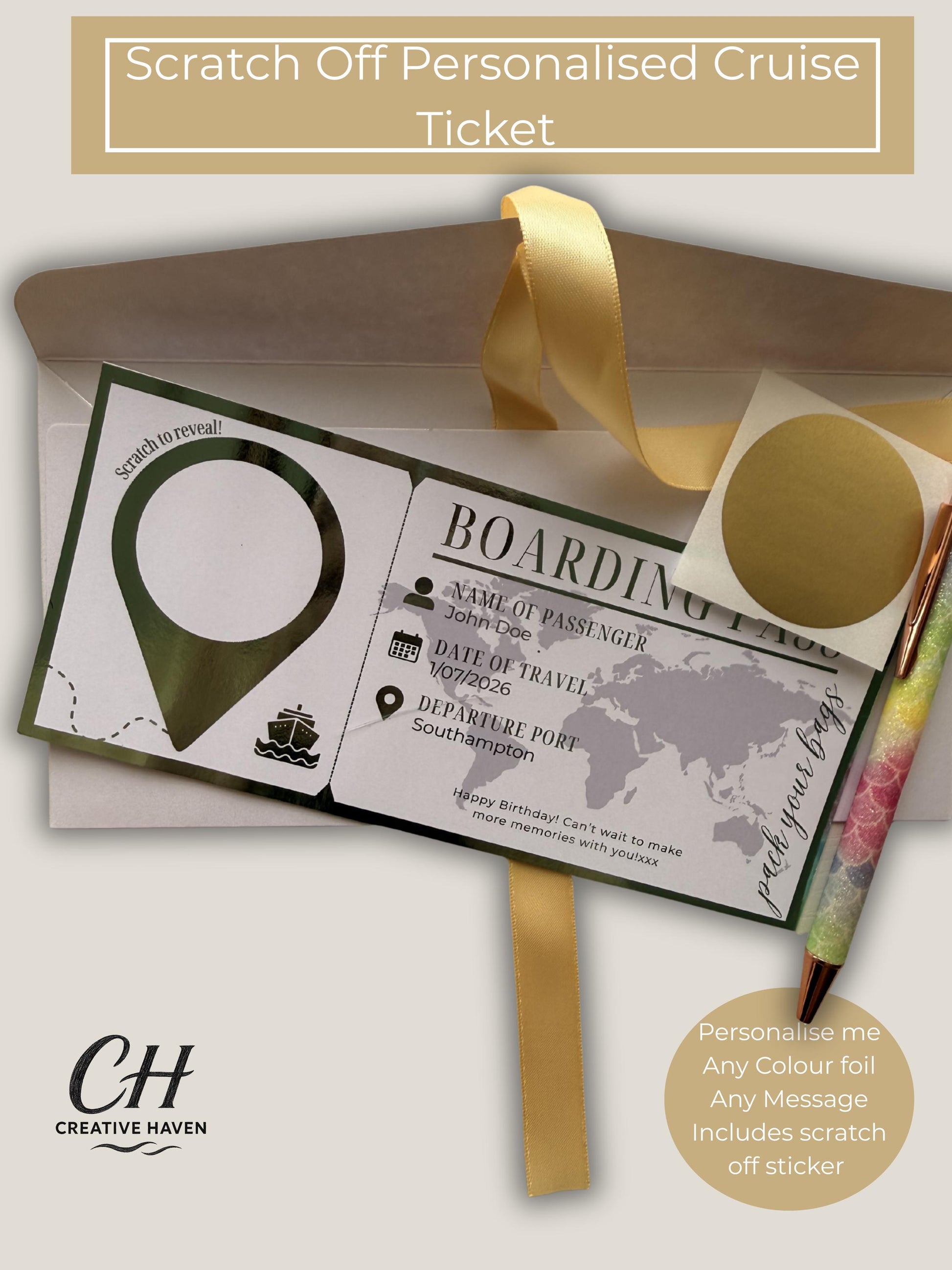 Luxury Cruise Ticket Scratch Reveal | Personalised Holiday Gift Voucher | Surprise Cruise Reveal | Foil Boarding Pass | Travel Gift Keepsake
