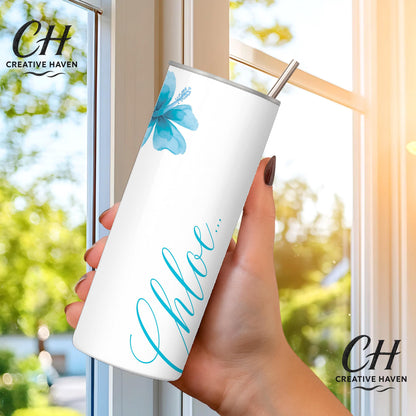 Personalised Name Tumbler 20oz | Floral Hibiscus Cup with Straw & Lid | Custom Colour Skinny Tumbler | Gift for Her | Summer Drink Cup