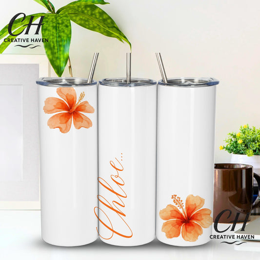 Personalised Name Tumbler 20oz | Floral Hibiscus Cup with Straw & Lid | Custom Colour Skinny Tumbler | Gift for Her | Summer Drink Cup